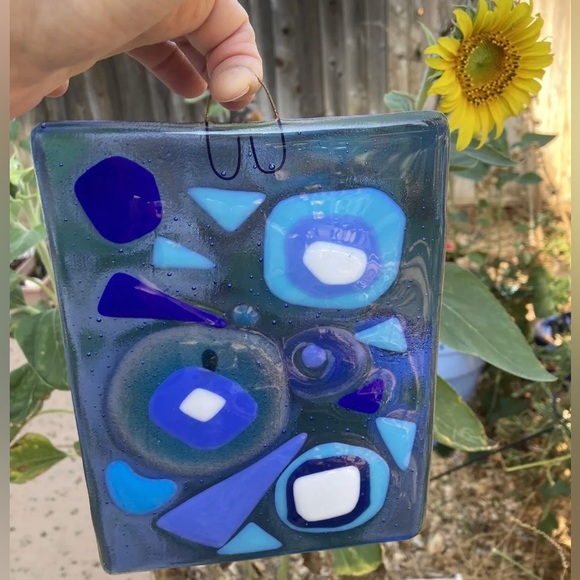 Greek Inspired Fused Art Glass  Hanging Plaque 8”x6” Greek Design Blue Glass - Picture 2 of 12